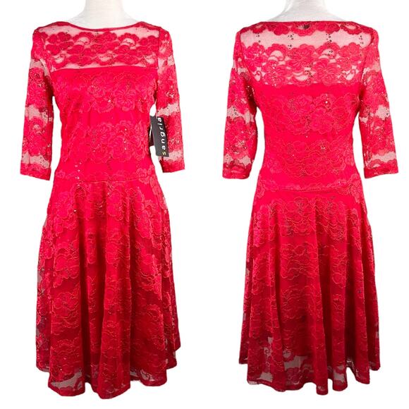 Sangria Dress Red Lace 6 Midi Sheer Neckline Stretch New - Picture 1 of 16